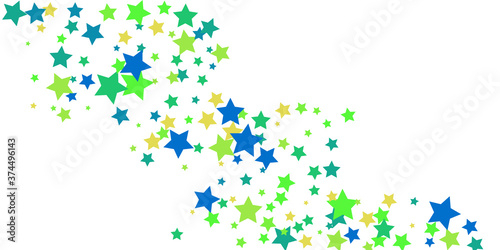 Shooting stars confetti. Blue, green, yellow, shades of blue, green stars. Festive background. Abstract texture on a white background. Design element. Vector illustration, eps 10.