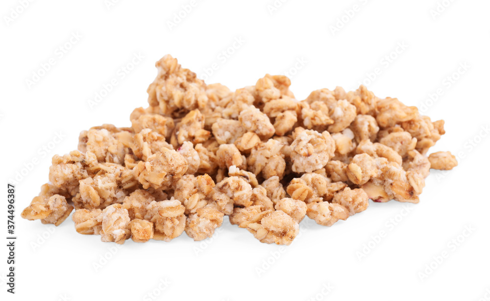 Heap of tasty crispy granola on white background Heap of tasty crispy granola on white background