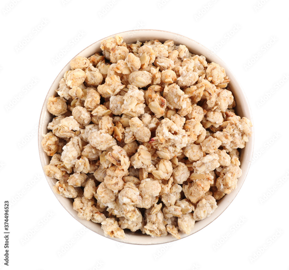 Tasty crispy granola in bowl isolated on white, top view Tasty crispy granola in bowl isolated on white, top view