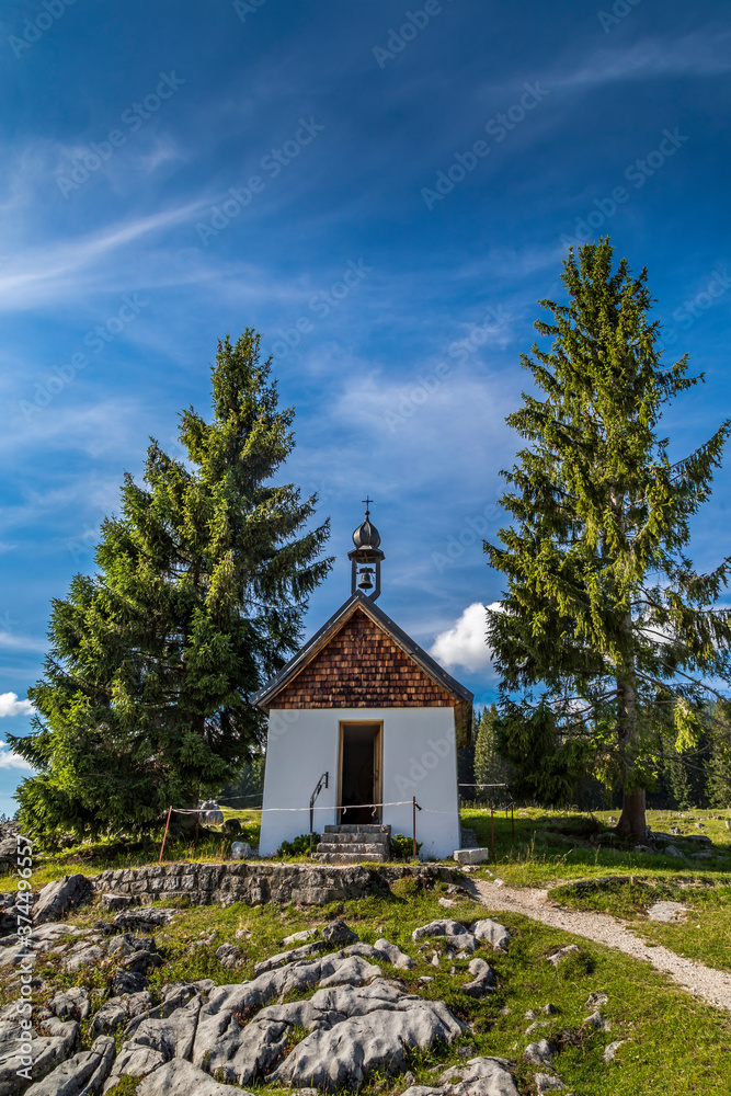 A little chapel at the so called Winklmossalm in Reit im Winkl in Bavaria, Germany at a sunny day in summer.