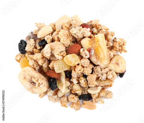 Heap of tasty crispy granola on white background, top view