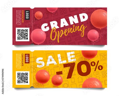Set of admission tickets for grand opening event for electronic shop with line icons and discounts on home, kitchen and electronics and gadgets