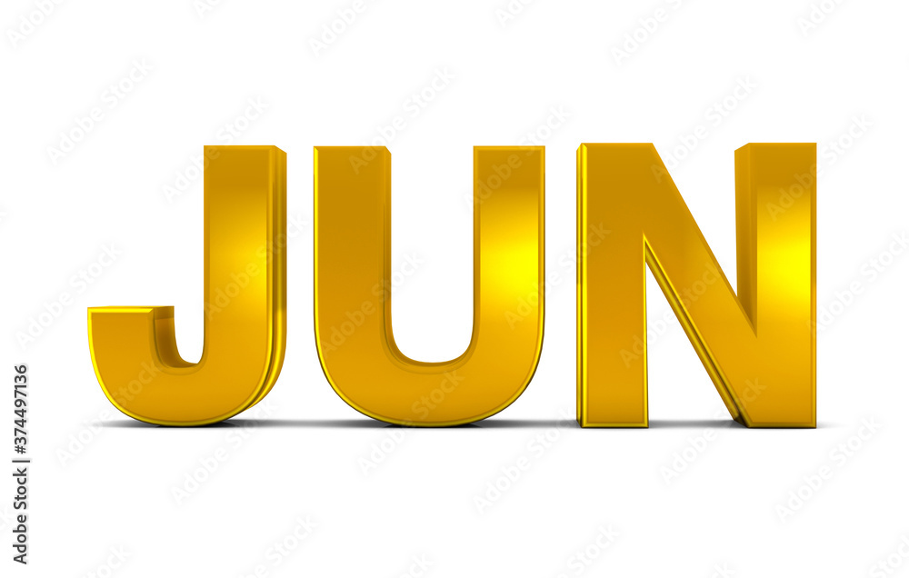Jun Gold 3D Text - June Month Abbreviation isolated on white background. 3D render. Jun Gold 3D Text - June Month Abbreviation isolated on white background. 3D render.