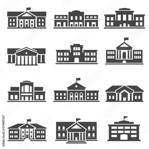School, university bold black silhouette icons set isolated on white. College buildings.