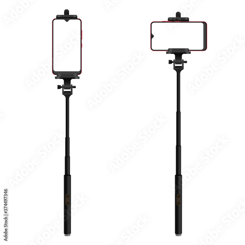 Selfie sticks realistic set. Adjustable equipment for self-portrait, selfshot, video blogging.