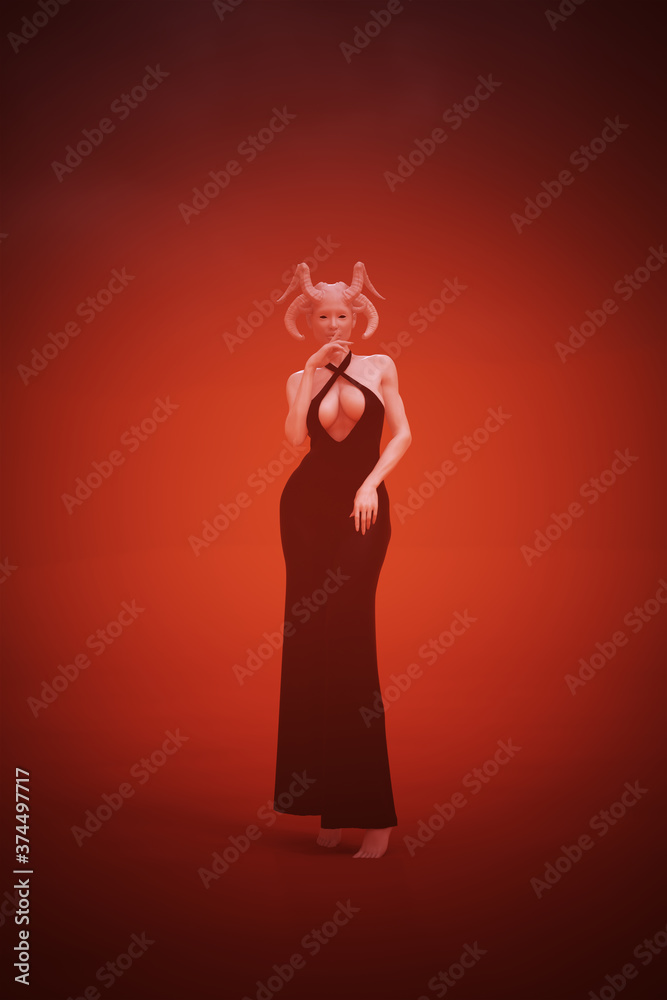 Devil Woman In a Black Pant Suit Standing Red Orange Background 3d Illustration 