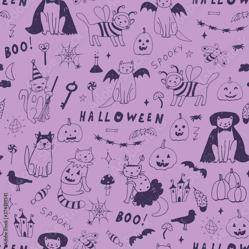 Fototapeta Naklejka Na Ścianę i Meble -  Halloween cats hand drawn doodle seamless vector pattern
