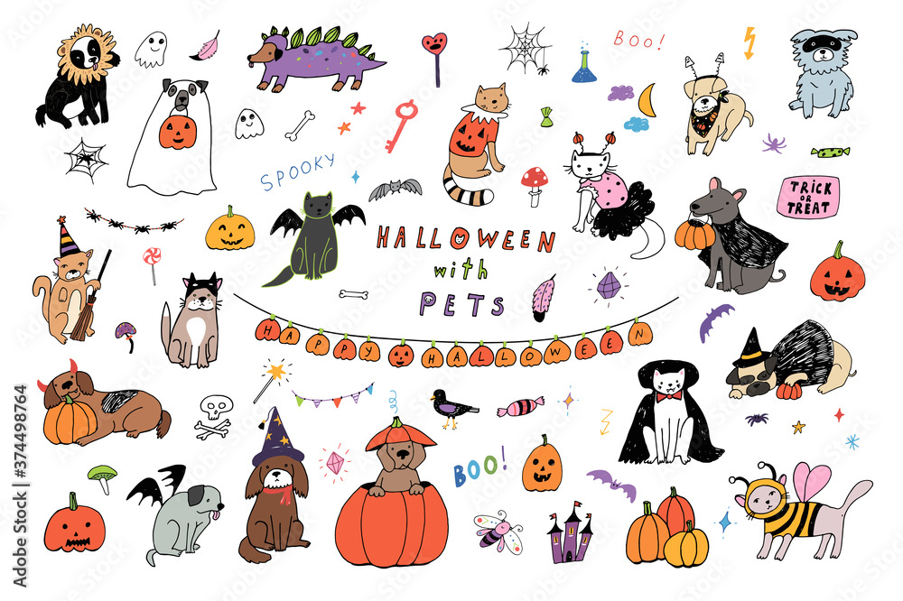 Fototapeta premium Halloween hand drawn doodle vector illustrations set