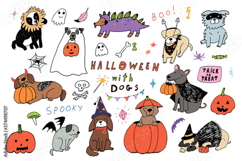 Halloween with dogs hand drawn doodle vector illustrations set