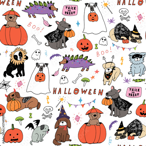 Photography Halloween dogs hand drawn doodle seamless vector pattern