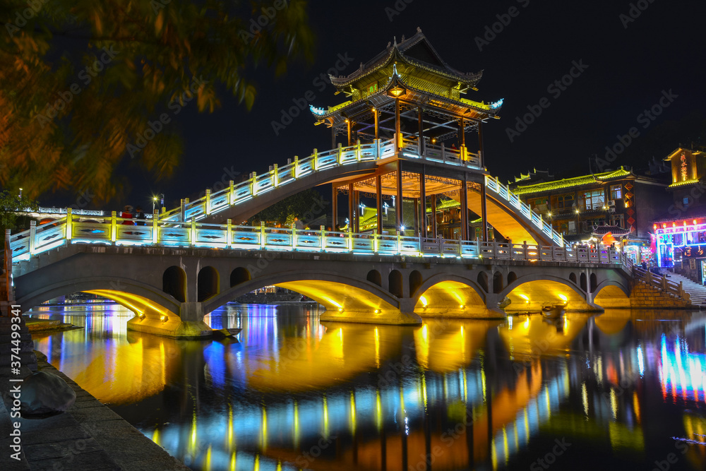 Fenghuang Ancient City Summer Night Scenery, Xiangxi, Hunan, China