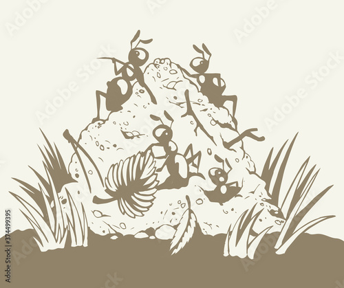 Ants in the anthill. Vector drawing