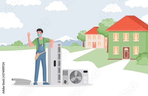 Service of air conditioners installation in country houses vector flat illustration. Young repair man in face mask waving hands. Climate control, air cooling, comfort living concept.