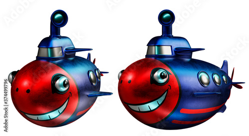 3d rendering set of Red faces submarines cartoon style in various angles, isolated on white background with clipping paths. photo