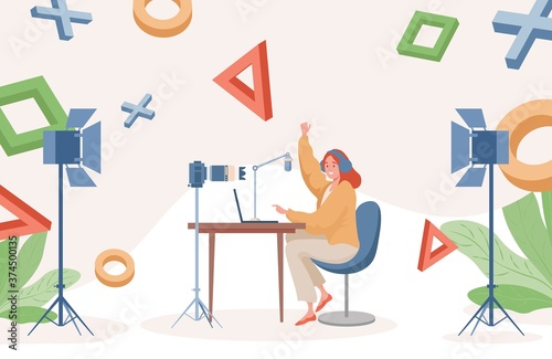 Online streaming vector flat illustration. Young woman playing video games on laptop and making a video recordings. Podcast about video games, social media, vlogger concept.