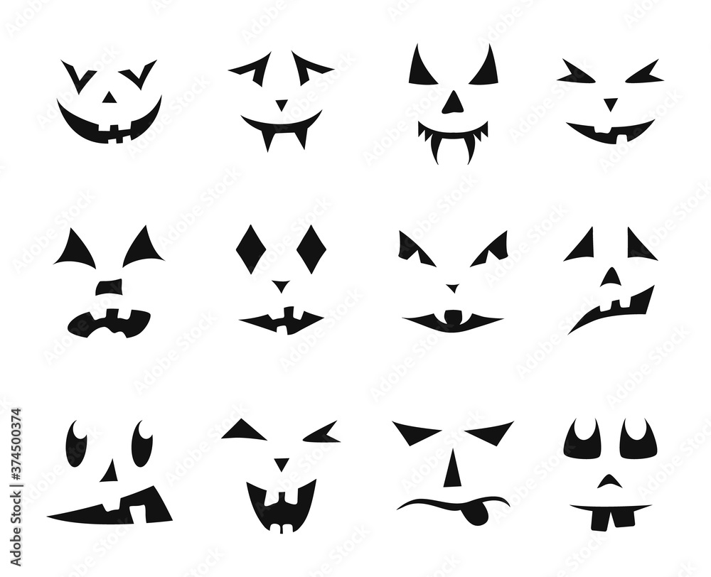 Halloween faces. Set of silhouettes of scary grimaces isolated on a white background. Templates and stencils for Halloween party and decor.