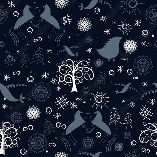 Seamless pattern, hand drawn north folk ornament, vector illustration
