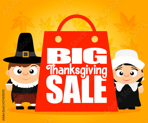 Big Thanksgiving Sale, card, poster or flyer for holiday. Funny Thanksgiving pilgrim boy, girl. Vector illustration