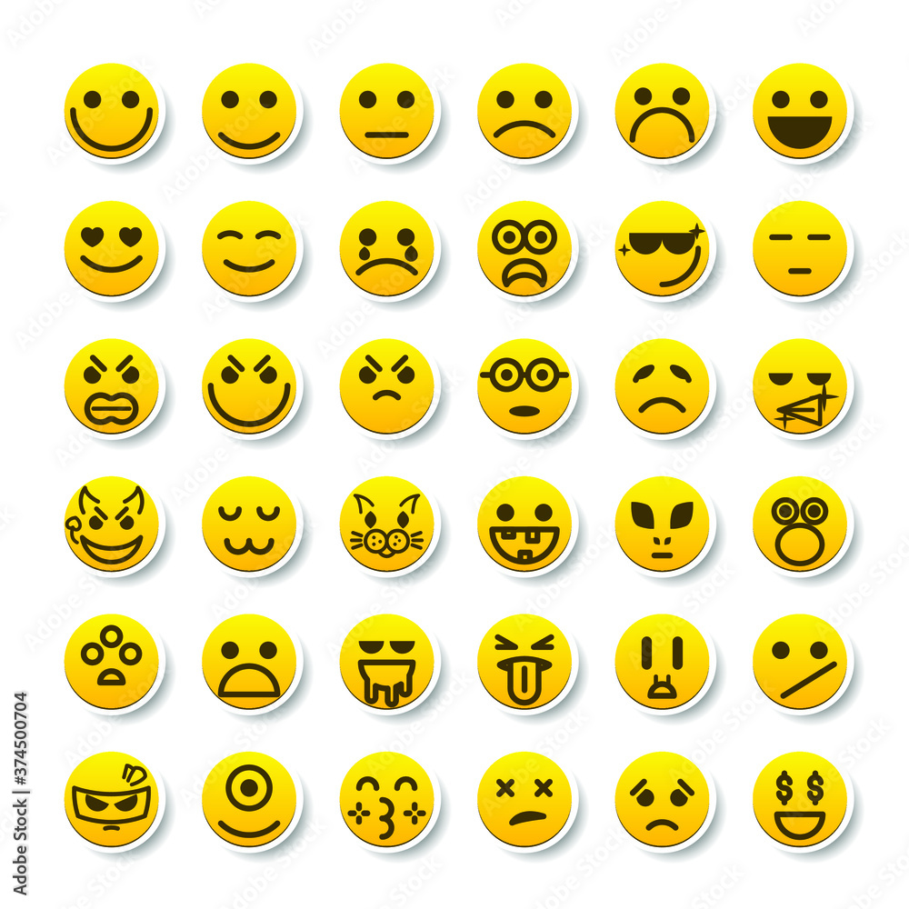Set Of Yellow Sticker Collection Color Smile Different Emotions Emoticons Face Vector Design Cartoon Style With Shadows Set Of Yellow Sticker Collection Color Smile Different Emotions Emoticons Face Vector Design Cartoon Style With Shadows