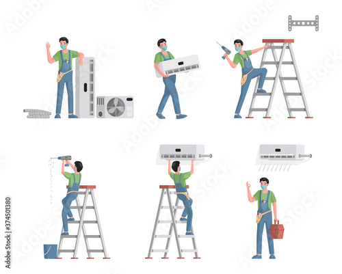 Set of air conditioners repair and installation service workers. Young male characters installing, repairing cooling systems, cleaning, and replacing air filters vector flat illustration.