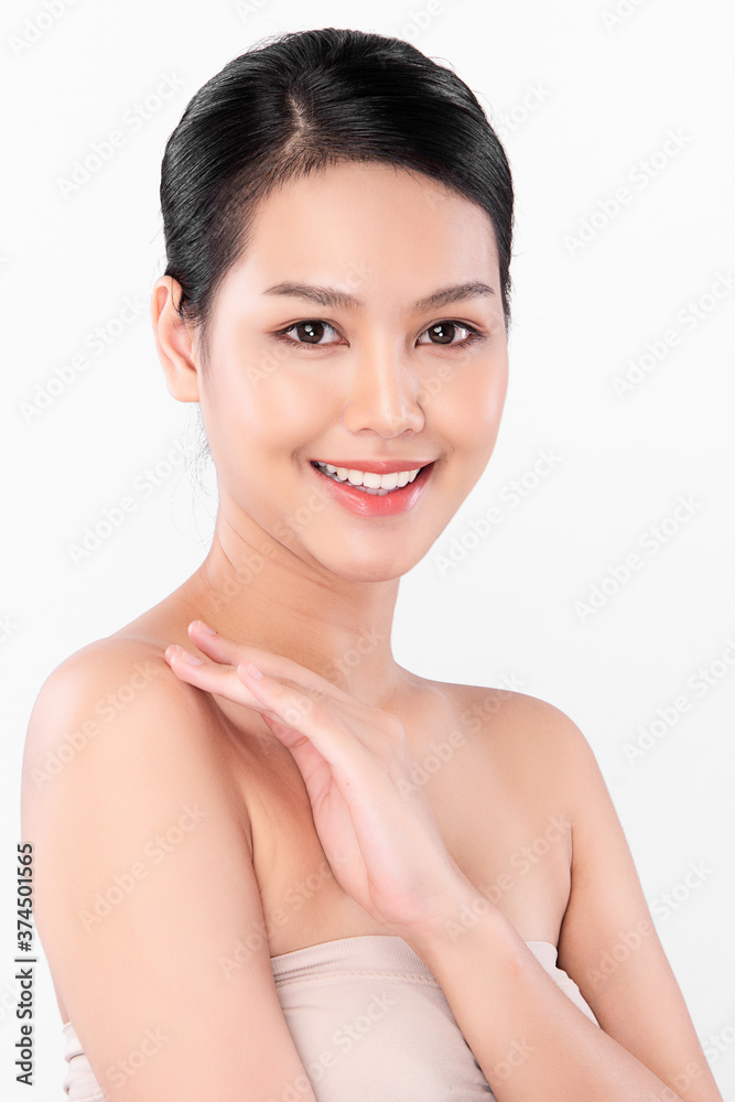 Beautiful Young asian Woman with Clean Fresh Skin, on white background, Face care, Facial treatment, Cosmetology, beauty and spa, Asian women portrait