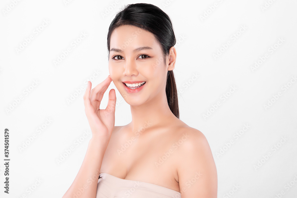 Beautiful Young asian Woman with Clean Fresh Skin, on white background, Face care, Facial treatment, Cosmetology, beauty and spa, Asian women portrait Beautiful Young asian Woman with Clean Fresh Skin, on white background, Face care, Facial treatment, Cosmetology, beauty and spa, Asian women portrait