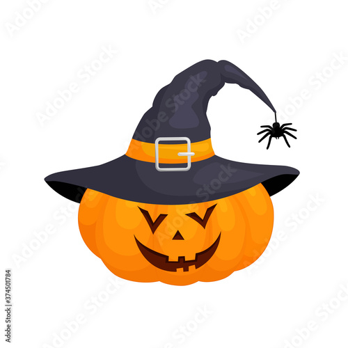 Halloween pumpkin with hat. Jack-o-lantern isolated on white background. Festive decor for a party. Scary pumpkin face. Vector illustration with halloween lantern.