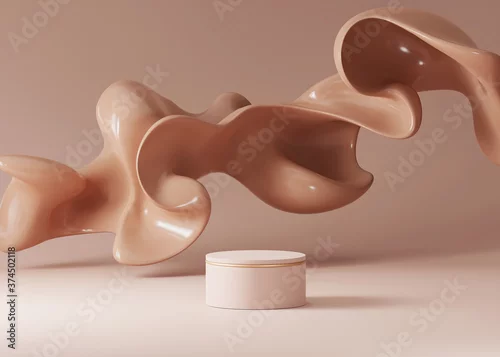 Obraz 3D beige pedestal podium with brown creamy foundation flow splash on nude background. Pedestal showcase for beauty, cosmetics product promotion. Abstract minimal 3D render illustration for package. 