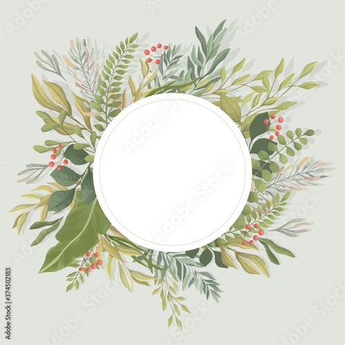 Green leaves round frame template with text space in the center. Green summer foliage, branches and red berries vector flat illustration. Invitation, wedding, greeting card template.