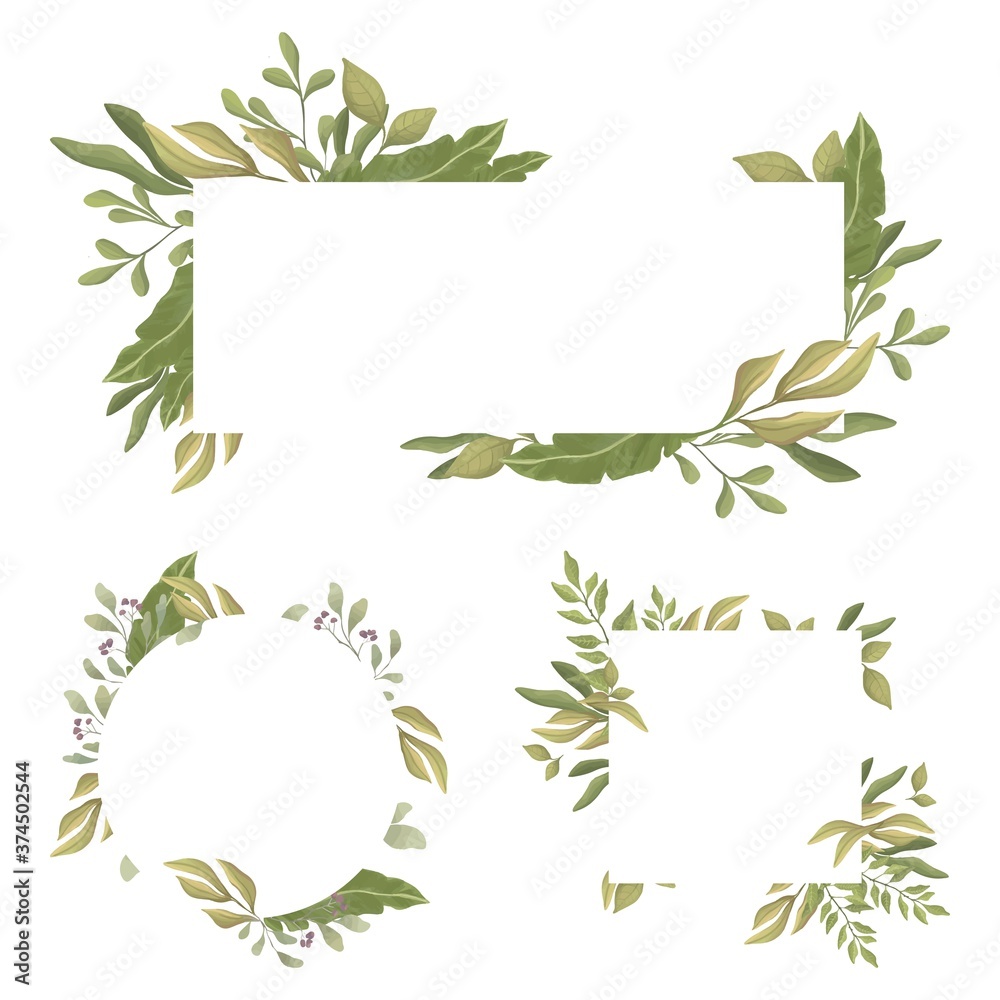 Set of rectangular borders with text space in the center. Green leaves round and rectangle vector frames. Summer foliage borders for wedding, greeting, postcard, or birthday card design.
