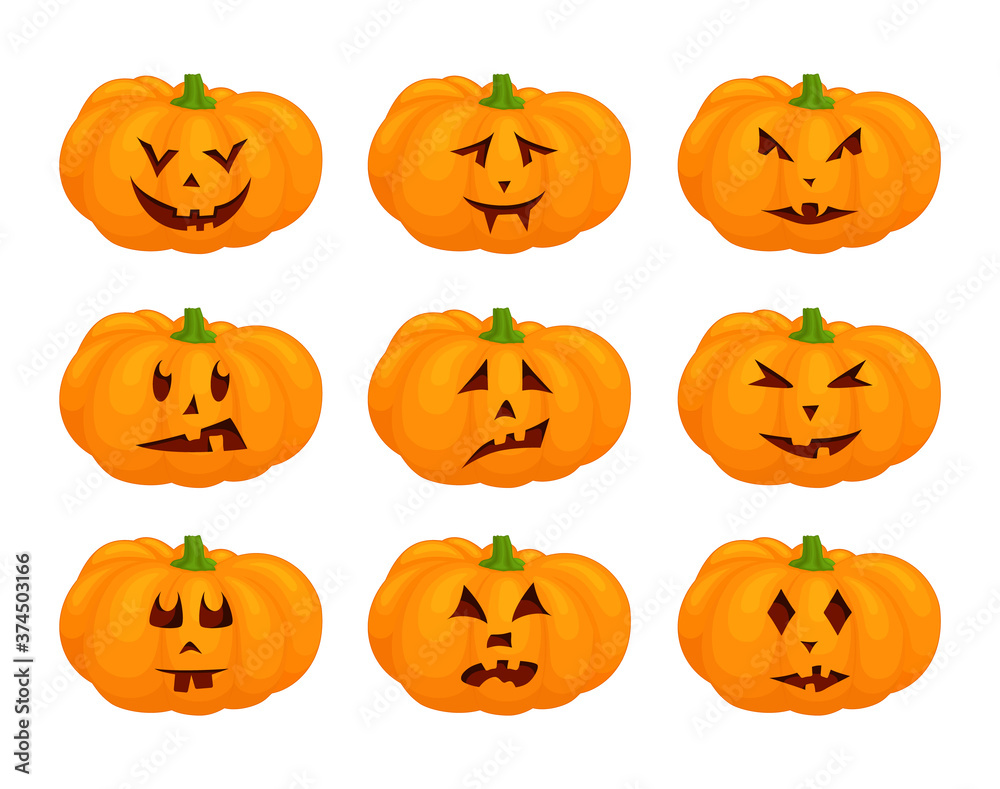 Set of jack-o-lantern. Halloween pumpkins with face isolated on white background. Illustration with pumpkin lantern. Set of jack-o-lantern. Halloween pumpkins with face isolated on white background. Illustration with pumpkin lantern.