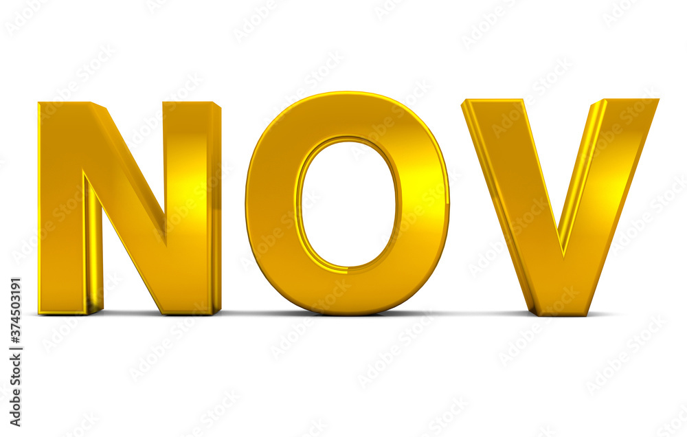 Nov Gold 3D Text - November Month Abbreviation isolated on white background. 3D render. Nov Gold 3D Text - November Month Abbreviation isolated on white background. 3D render.
