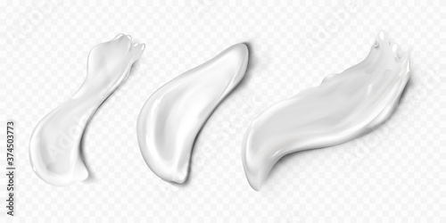 Three smears of white cosmetic creams in different shapes over a transparent background, colored vector illustration