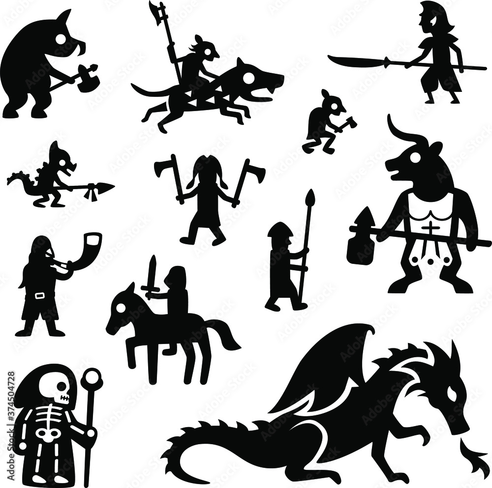 Fototapeta premium Vector set of medieval fantasy character icon silhouettes. Includes a dragon, a goblin riding a wolf, an elf with a spear, a lizardman, a goblin with a hatchet, a minotaur, a barbarian and a spearman.