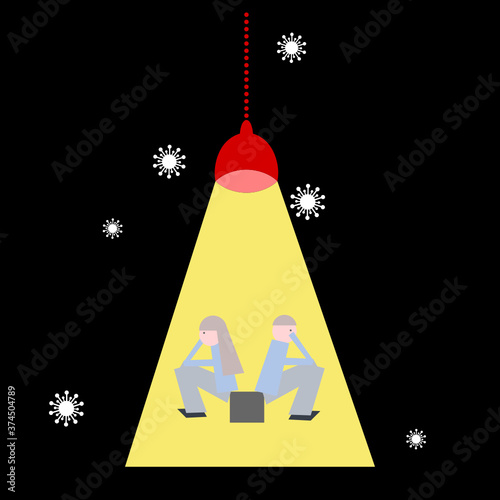 Cartoon Character Of Man And Woman Are Sit In Private Area Sad And Serious In Pandemic Of Corona Virus Covid-19 On Black