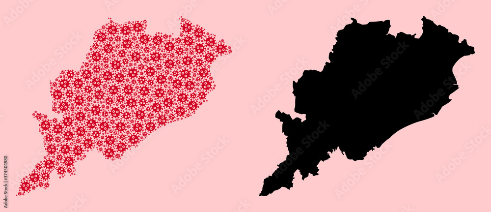Vector Mosaic Map of Odisha State of Coronavirus Parts and Solid Map
