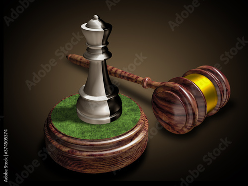 The judge's hammer and a black-and-white Queen chess piece. Traitor to the country, Shion. 3D rendering. photo