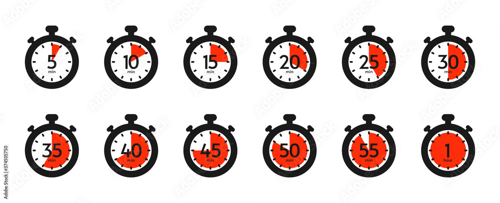 Timer and stopwatch icon set. Countdown timer with different time. Kitchen stopwatch symbol for cooking or sports clock with minutes. Vector illustration.