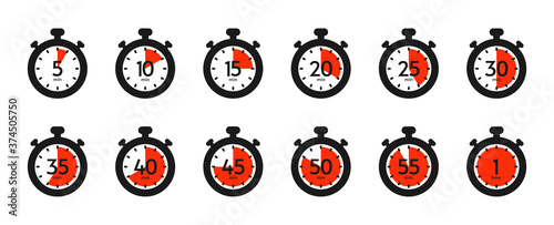 Timer and stopwatch icon set. Countdown timer with different time. Kitchen stopwatch symbol for cooking or sports clock with minutes. Vector illustration.