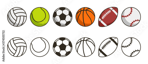 Sport ball set. Game balls icons. Volleyball, tennis, soccer, basketball, american football or rugby and baseball sport equipments. Vector illustration.