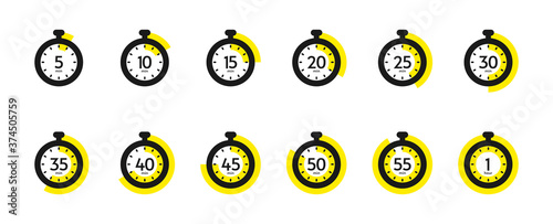 Timer and stopwatch icon set. Countdown timer with different time. Kitchen stopwatch symbol for cooking or sports clock with minutes. Vector illustration.