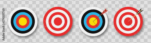Archery target with arrows. Set of targets at transparent background with shadow. Сoncept of archery or reaching the goal in business. Vector illustration.