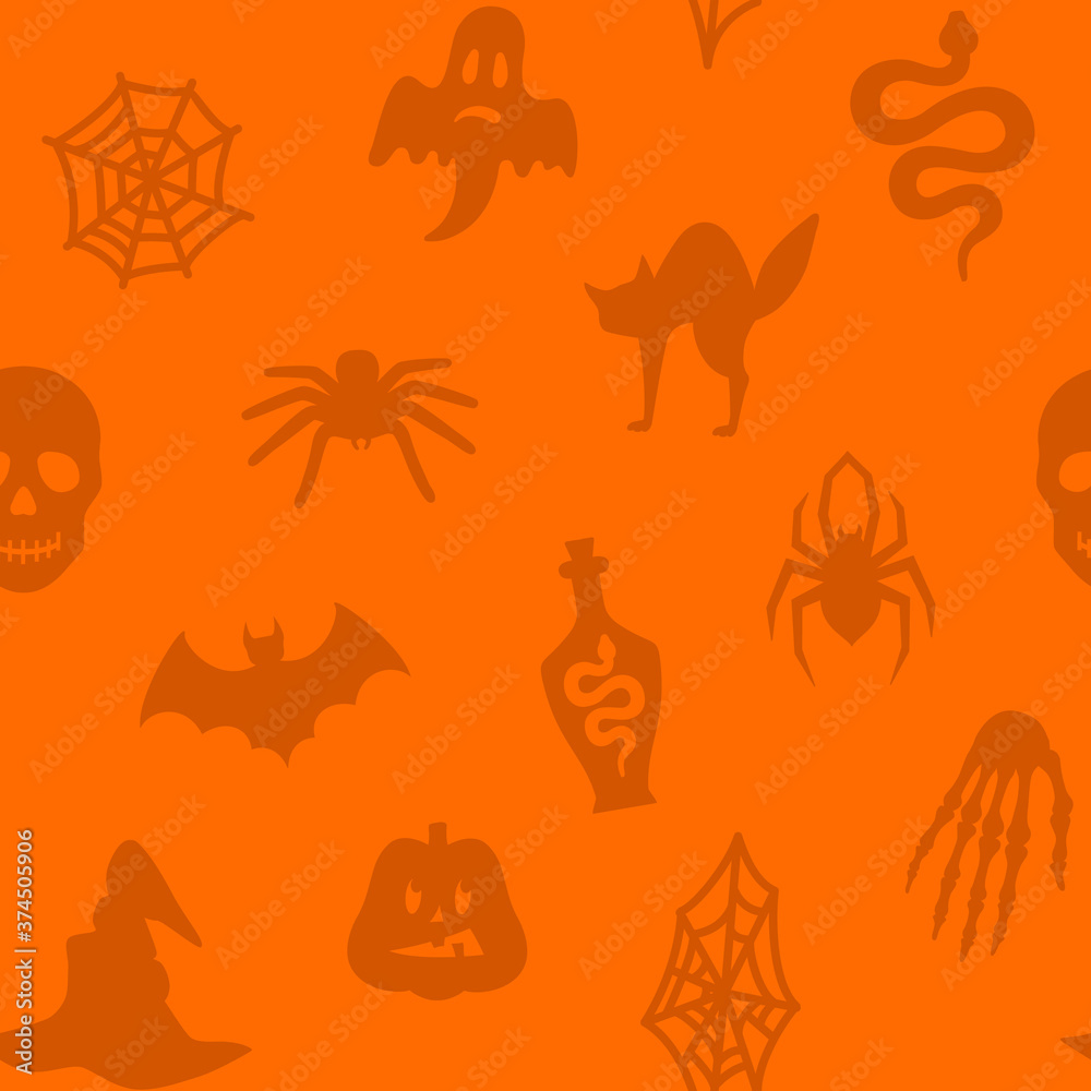 Halloween seamless pattern with with different holiday symbols. Orange vector background.