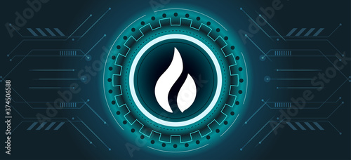 Huobi token logo with crypto currency themed circle background design. Blue neon color banner for Huobi exchange token HT icon. Cryptocurrency Blockchain technology, digital trade exchange concept