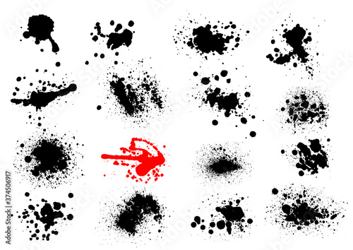 Vector black and white ink splash  blot and brush stroke  spot  spray  smudge  spatter  splatter  drip  drop  ink blob Grunge textured elements for design  background.