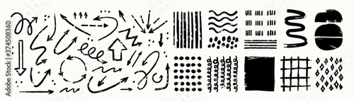 Various sketchy Doodle Arrows, Direction pointers Shapes and Objects. Freehand black Lines, curves, dots, spiral. Brush stroke style. Grunge texture. Hand drawn abstract Vector set