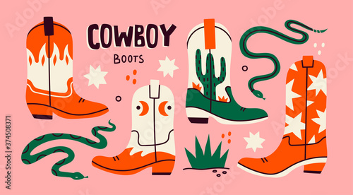 Various cowboy boots. Different ornaments. Wild West Clipart icons. Rattlesnake viper, stars, cactus, grass. Hand drawn colored Vector set. All elements are isolated photo
