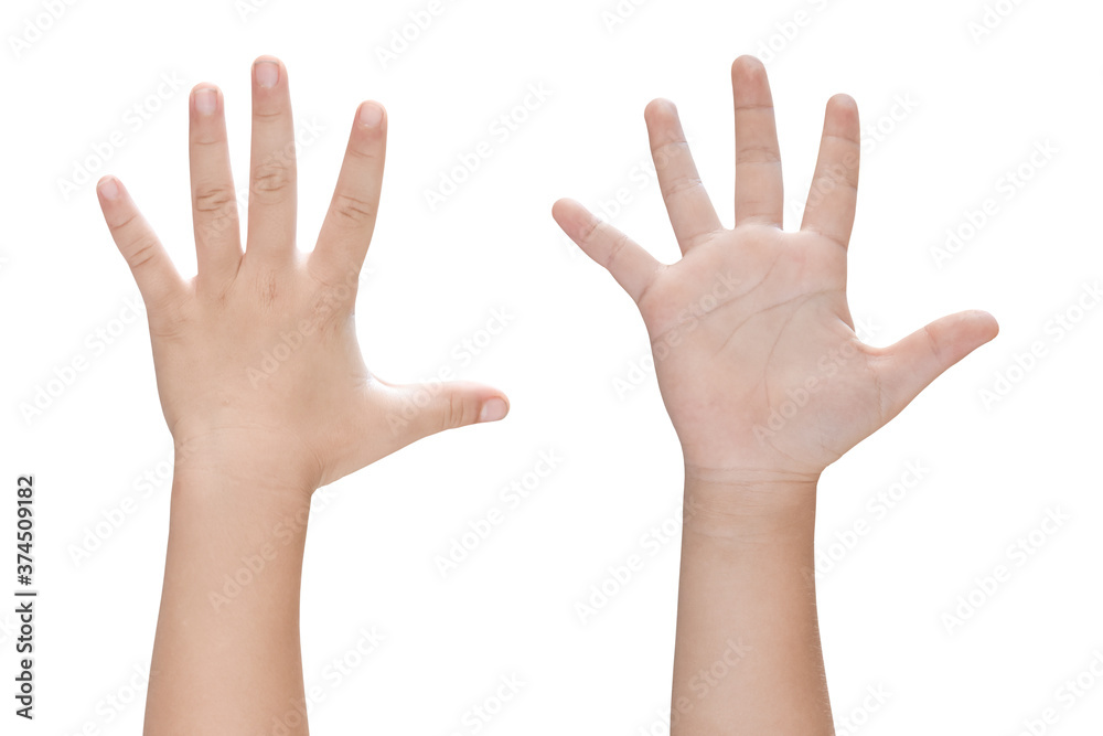 Child hand shows five fingers isolated on white background with clipping path. Child hand shows five fingers isolated on white background with clipping path.