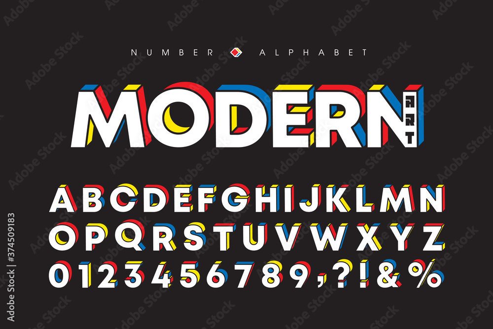 Naklejka Modern art alphabet and number set. Stylish block font or typeface for headline, title, poster, web design, brochure, layout or graphic print. Flat vector 3D letters & number.