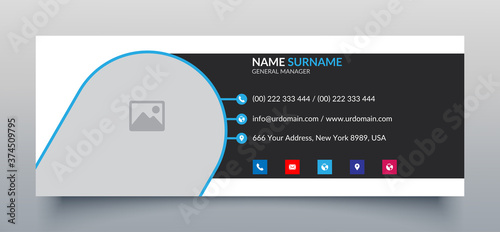 Corporate email signature template with an author photo place modern layout and cyan and black background
